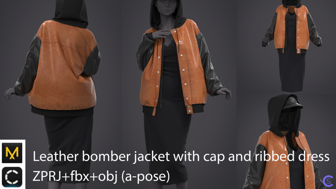Кожаный бомбер, кепка и платье в рубчик / Leather bomber with cap and ribbed dress / Clo3d