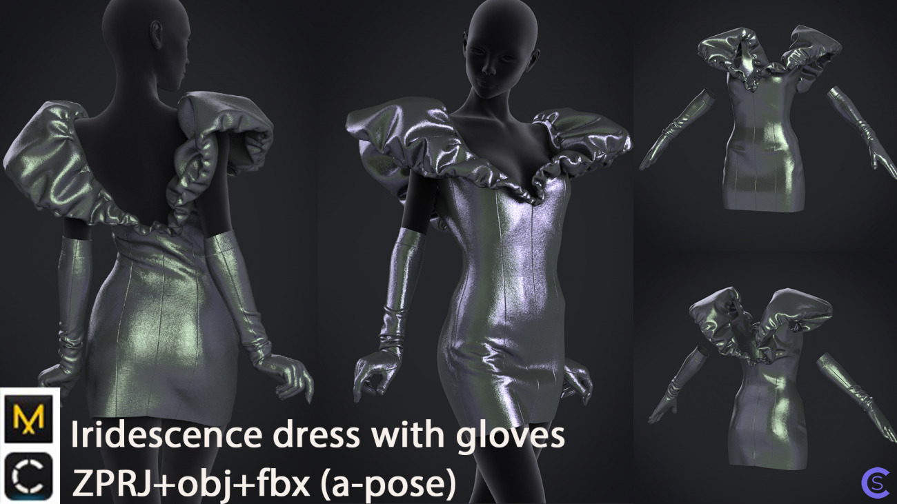 Платье | Dress with gloves Clo3d High Poly ZPRJ+fbx+obj