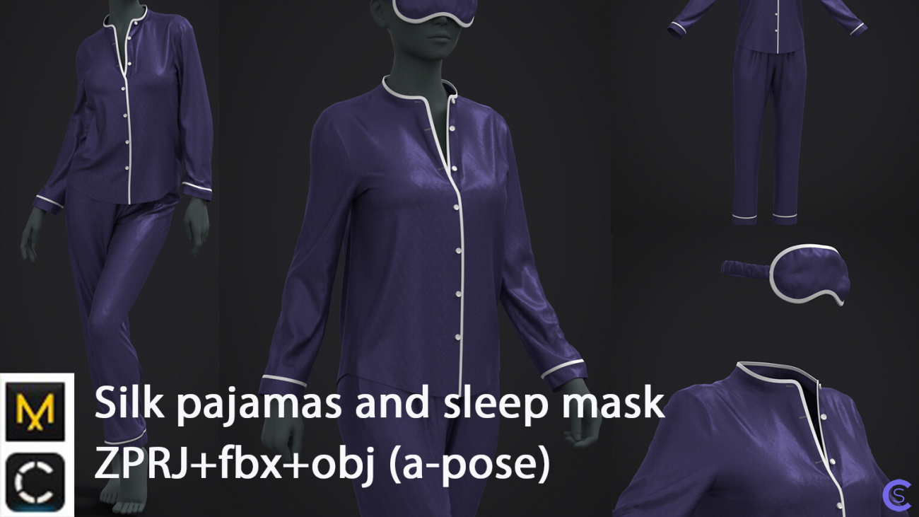 Пижама и повязка для сна / Silk pajamas and sleep mask / zprj, obj, fbx