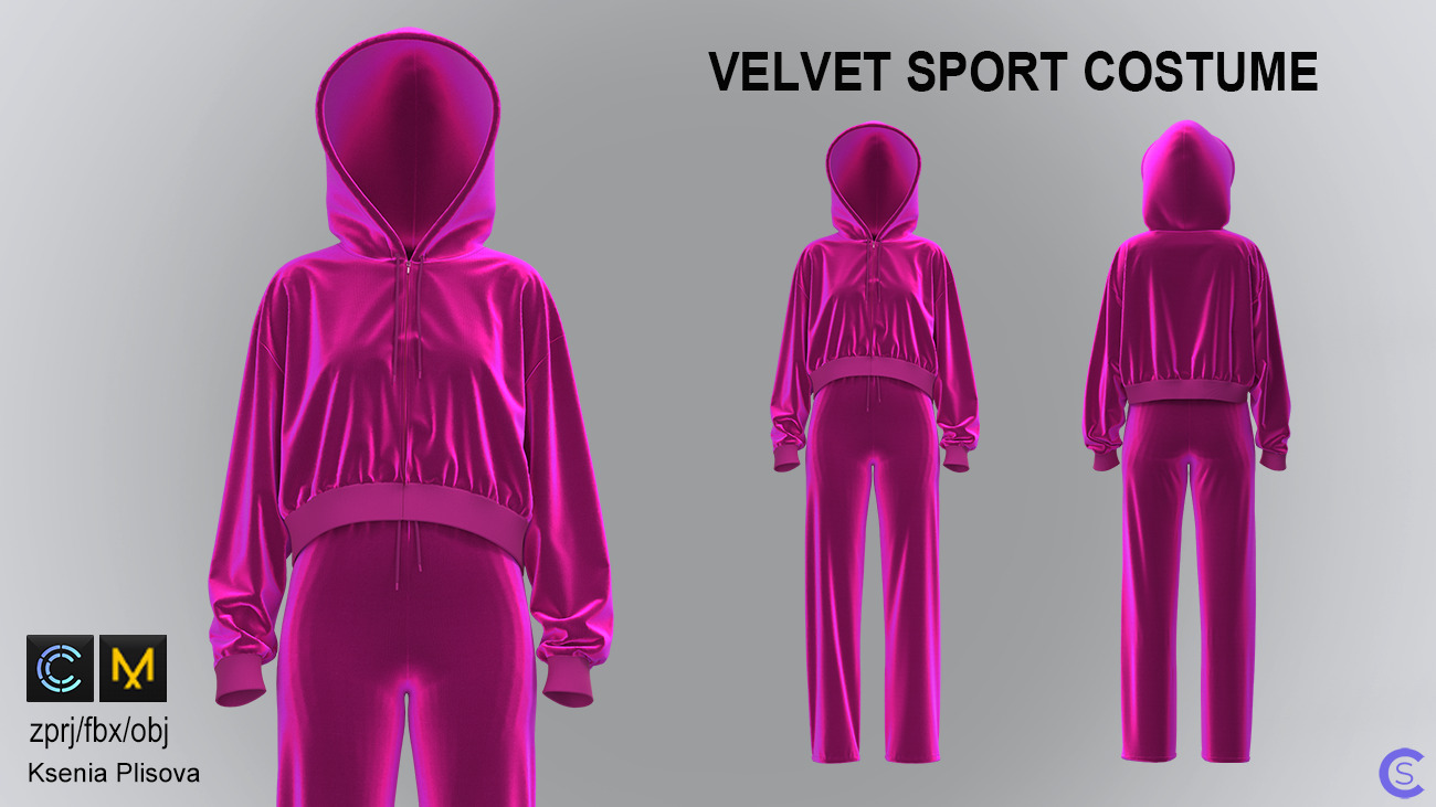 Velvet sport costume, Barbiecore, Highpoly 3d model, hoodie, trousers, вельветовый спортивный костюм, Барбикор, хай поли 3д модель, худи, спортивные брюки