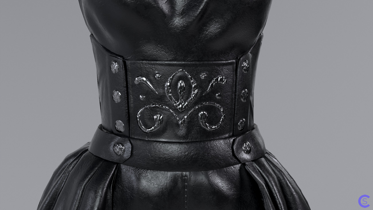 Кожаный комбинезон для ролевых игр | Black leather role-playing female Jumpsuit Dress with bloomers shorts. Retopology, pbr