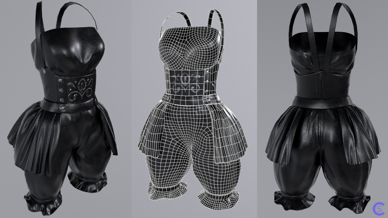 Кожаный комбинезон для ролевых игр | Black leather role-playing female Jumpsuit Dress with bloomers shorts. Retopology, pbr