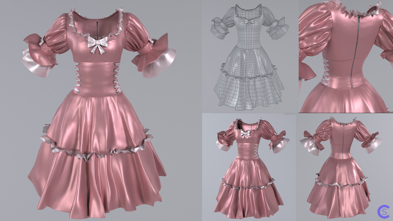 Шелковое розовое платье с рюшами. Evening pink nice cocktail dress with ruffles, back zip and lace up sides. Midpoly, retopologed, pbr