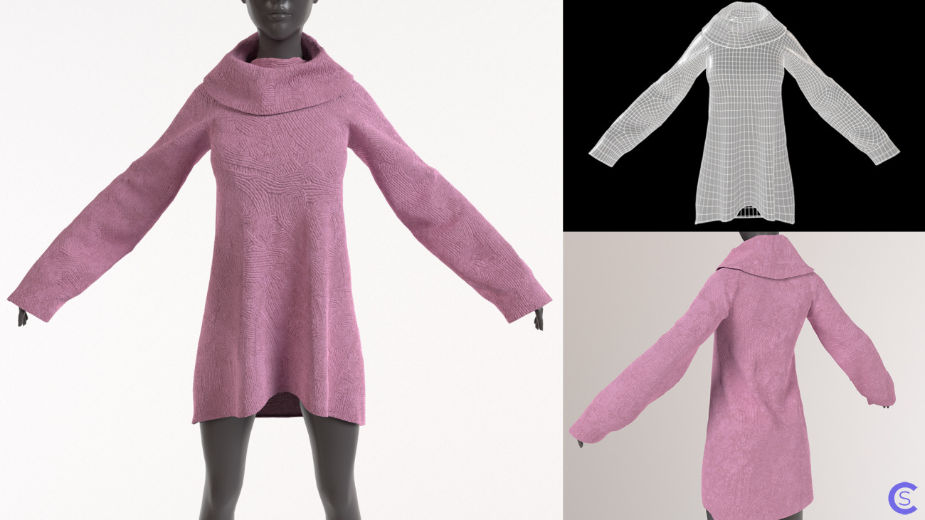 Розовый свитер оверсайз с большим воротом. Oversize Pink Knitted Sweater with long leaves and big collar. retopology, pbr