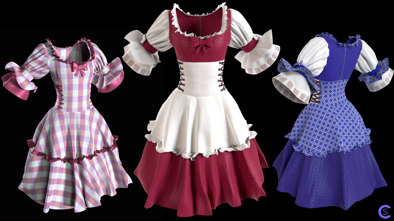 Набор: 3 яркие расцветки нарядного платья | 3 variants colours of bright dress. Midpoly, retopology, pbr